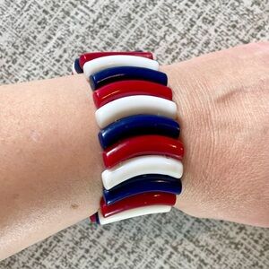 Vintage Red White Blue Curved Plastic 70's Stretch Bracelet